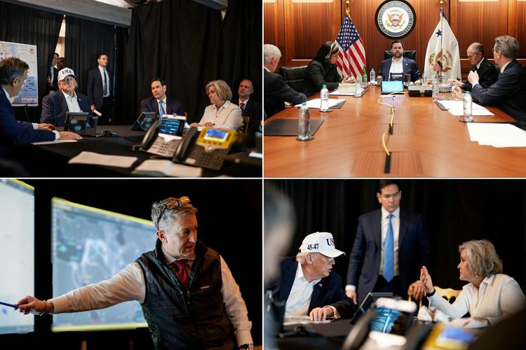 Kombinasi foto-foto ketika Amerika Serikat menyerang Iran pada Sabtu (28/2/2026), berisi Presiden AS Donald Trump dan sejumlah pejabat di Gedung Putih mengamati Operation Epic Fury.