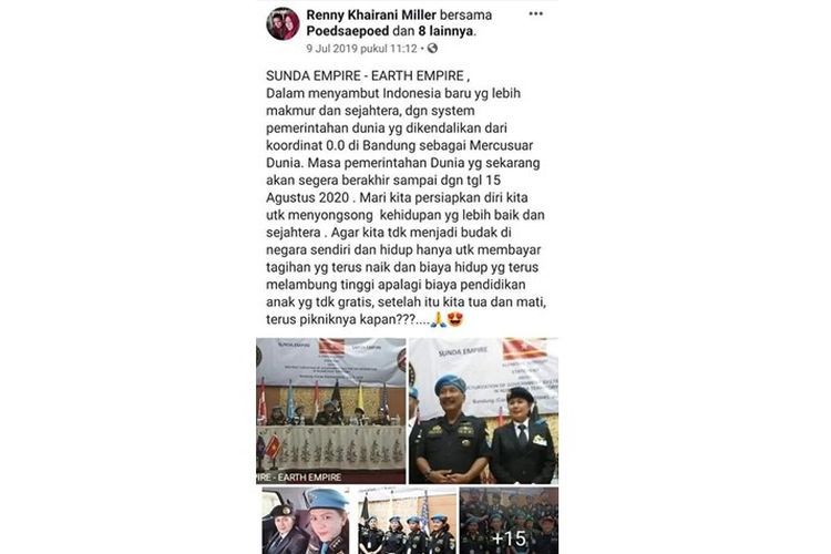 Tangkapan layar unggahan status pengguna Facebook Renny Khairani Miller tentang Sunda Empire yang kemudian menjadi viral.