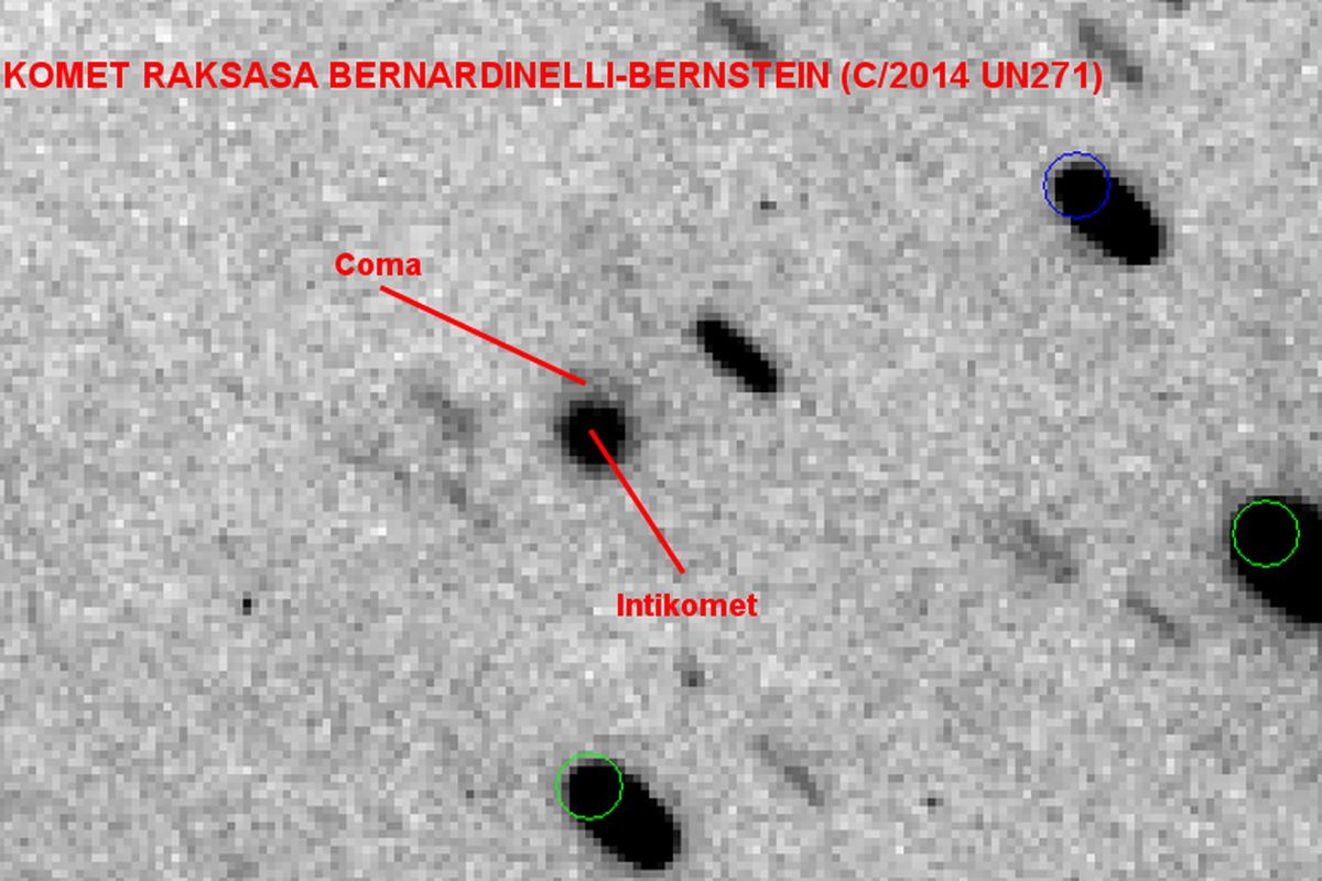 Mega komet Bernardinelli-Bernstein atau 2014 UN271. Diagram orbit 2014 UN271 terhadap planet-planet kerdil tata Surya kita dan citra 2014 UN217 sebagai komet raksasa. Penampakan ini diambil dari Observatorium SkyGems Remote Telescope, Namibia.