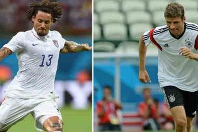 Kombinas foto yang dibikin pada 24 Juni 2014 yang memperlihatkan gelandang Amerika Serikat, Jermaine Jones (kiri), dalam aksinya pada laga Grup G Piala Dunia 2014 melawan Portugal di Amazonia Arena di Manaus pada 22 Juni 2014 dan penyerang Jerman, Thomas Mueller, dalam sesi latihan di Castelao stadium di Fortaleza pada 20 Juni 2014. 