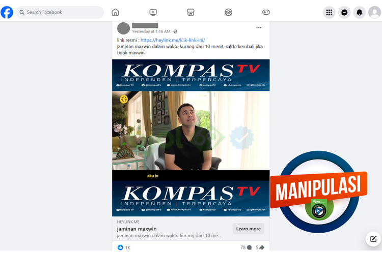 Tangkapan layar manipulasi konten di sebuah akun Facebook, Kamis (25/1/2025), soal Raffi Ahmad mempromosikan judi online.