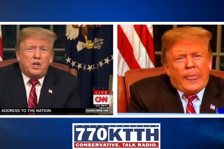 Tangkapan layar perbandingan rekaman pidato Presiden AS Donald Trump yang direkayasa dengan saat siaran langsung.