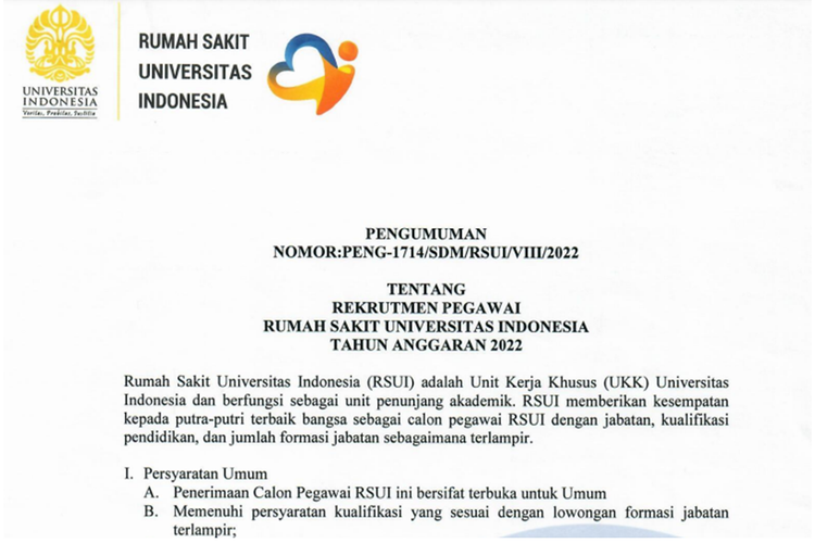 Tangkapan layar pengumuman lowongan kerja di Rumah Sakit Universitas Indonesia (RSUI).