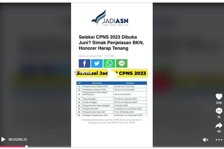 Tangkapan layar seleksi CPNS 2023 dibuka pada Juni.