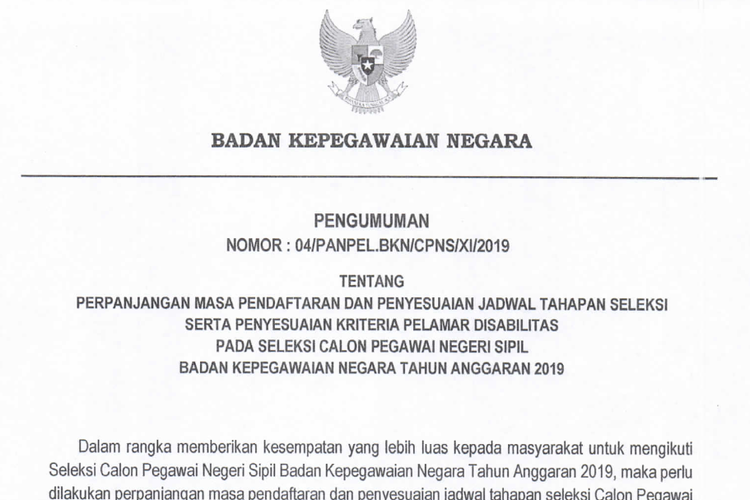 Perpanjangan jadwal seleksi calon pegawai negeri sipil (CPNS) 2019 Badan Kepegawaian Negara (BKN).