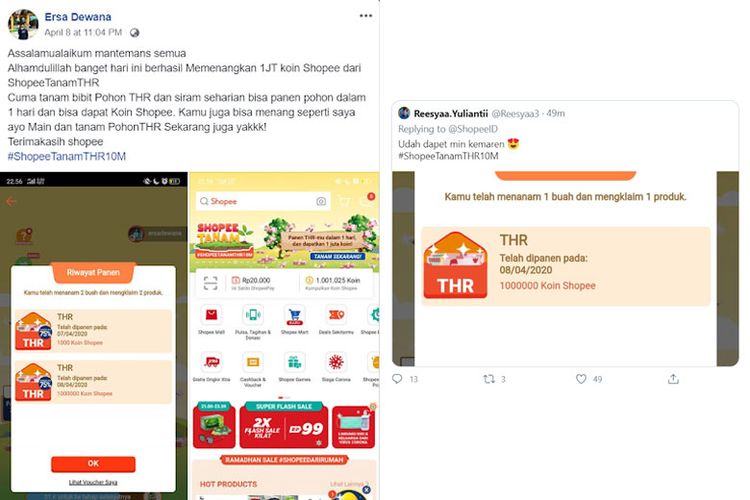 Screen capture FB Ersa Dewana dan @Reesyaa3 yang berhasil mendapatkan THR dari Shopee.