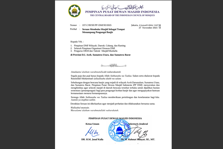 Dewan Masjid Indonesia menerbitkan Surat Edaran Nomor 227.C/III/SE/PP-DMI/XI/2025 yang menyerukan agar masjid menjadi shelter darurat pengungsi banjir Sumatera.