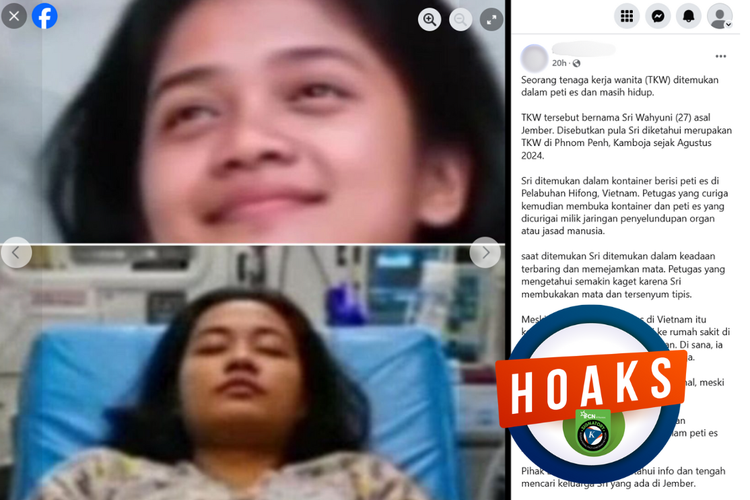 Tangkapan layar konten hoaks di sebuah akun Facebook, Selasa (13/5/2025), mengenai TKW asal Jember yang ditemukan di dalam peti es di Vietnam.