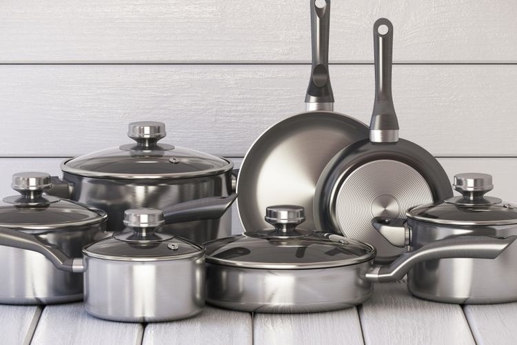 Ilustrasi peralatan masak stainless steel. 