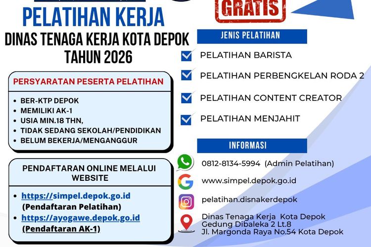 Disnaker Depok Buka Pelatihan Kerja Gratis, Ada Kelas Barista hingga Content Creator