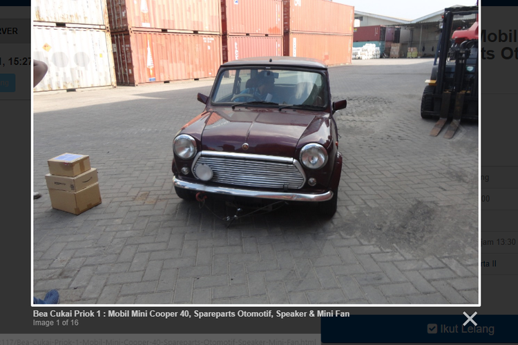 Tangkapan layar laman lelang Mini Cooper 40 yang akan diselenggarakan pemerintah di situs lelang.go.id
