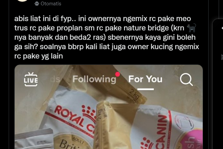 Tangkapan layar twit warganet yang mempertanyakan apakah makanan kering (dryfood) kucing diperbolehkan dicampur dengan berbagai merek beredar di media sosial pada Senin (28/11/2022).