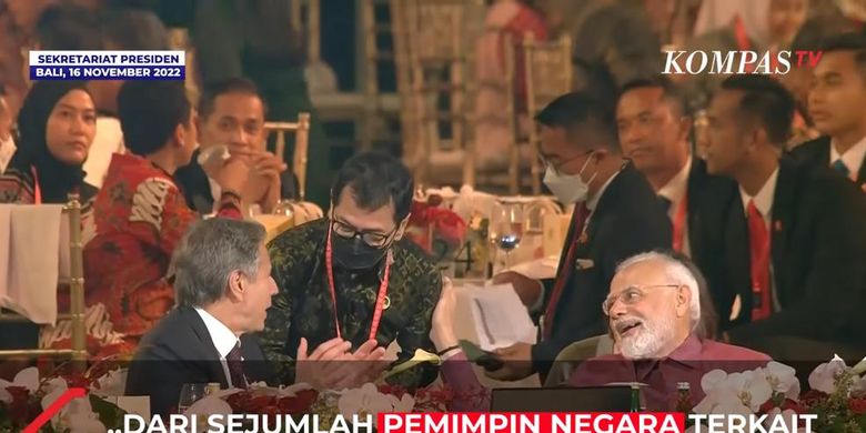 Wishnutama bersama Perdana Menteri India Narendra Modi dan Menteri Luar Negeri AS Anthony Blinken saat jamuan makan malam KTT G20 di Taman Budaya Garuda Wisnu Kencana, Bali, Selasa (15/11/2022).