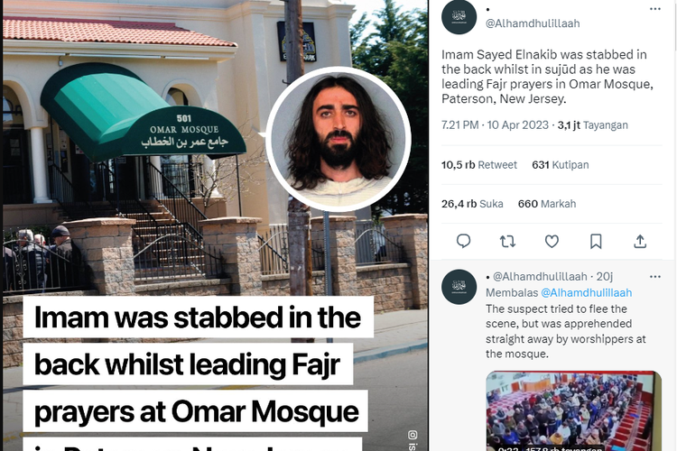 Tangkap layar insiden penusukan Sayed Elnakib imam shalat Subuh di Masjid Omar, New Jersey. Terduga pelaku bernama Serif Zorba.