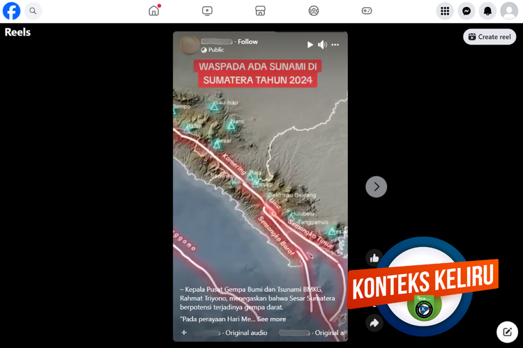 Tangkapan layar konten dengan konteks keliru di sebuah akun Facebook, soal tsunami akibat Sesar Sumatera pada 2024.
