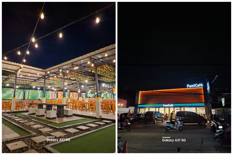 Hasil foto kamera utama malam hari (kiri) dan kamera ultrawide (kanan) dari Galaxy A37 5G.