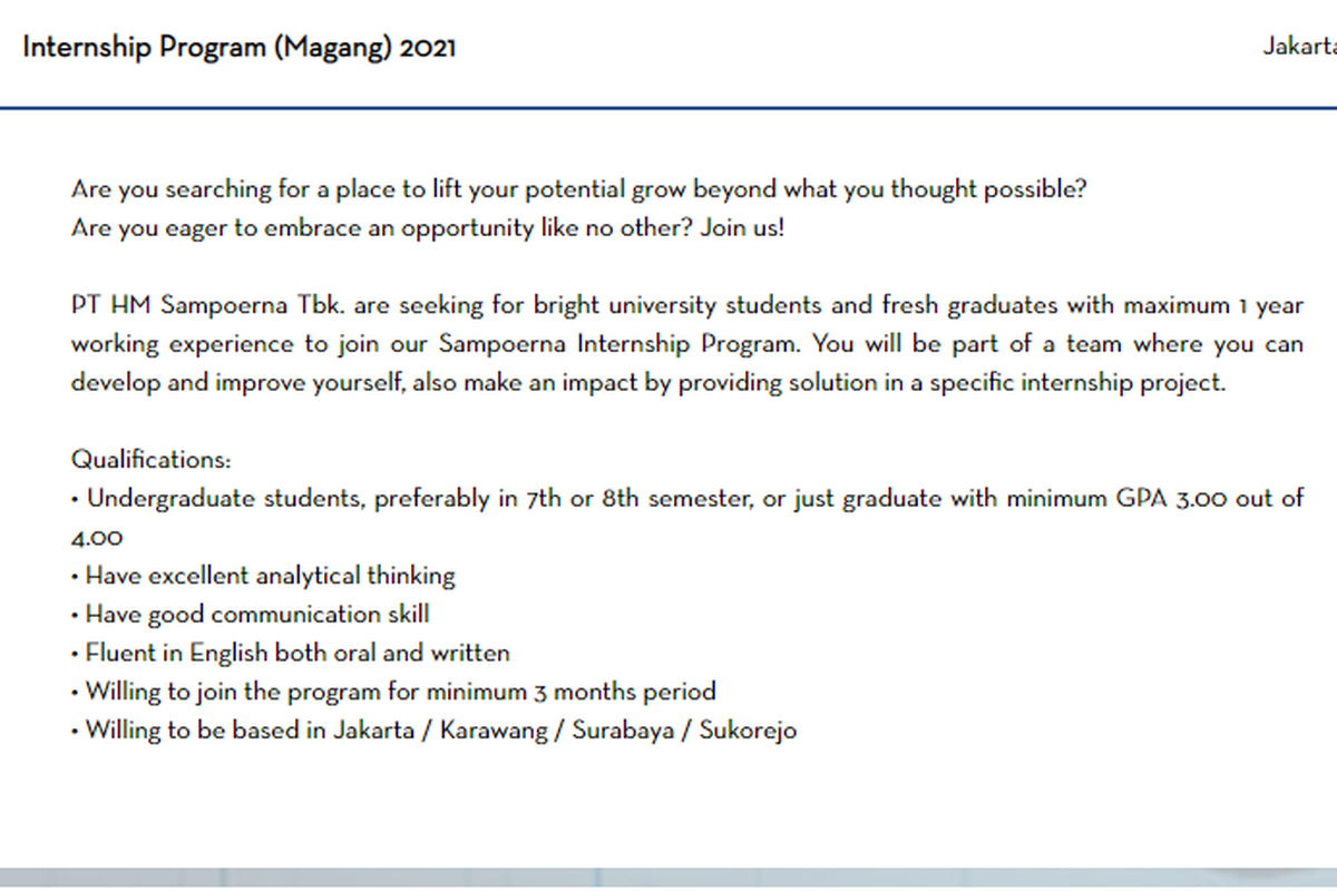 PT HM Sampoerna Tbk membuka kesempatan magang dan lowongan kerja bagi lulusan S1.