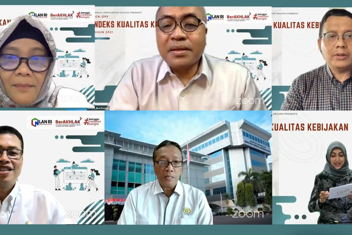 LAN menggelar acara Kick Off Pengukuran Indeks Kualitas Kebijakan Tahun 2021 melalui zoom meeting, Senin (18/10/2021).

