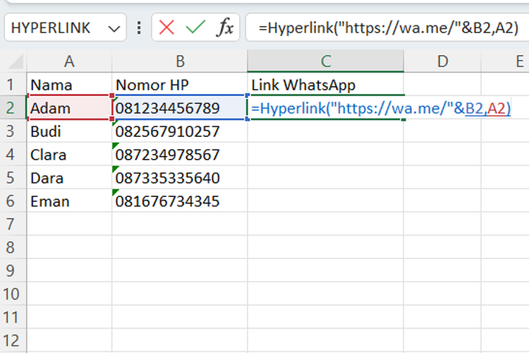 Ilustrasi cara membuat link WA di Excel.