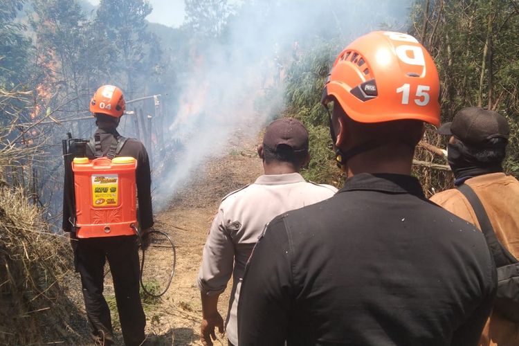 Petugas gabungan tengah memadamkan kebakaran hutan di TNBTS, Rabu, (30/8/2023)