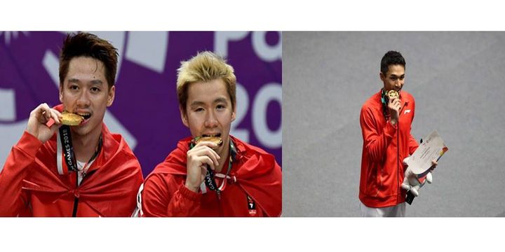 Pasangan Marcus Gideon/Kevin Sanjaya dan Jonatan Christie, peraih medali emas Asian Games 2018 untuk Indonesia dari cabang olahraga bulutangkis