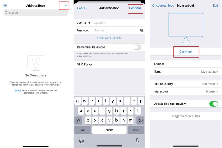 Ilustrasi cara menghubungkan iPhone dengan Macbook di VNC Viewer untuk mulai proses remote jarak jauh.