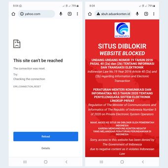Tangkapan layar jendela pemblokiran situs yahoo.com (kiri) serta situs yahoo.co.id dan email.yahoo.co.id (kanan) pada Sabtru (30/7/2022) pagi.