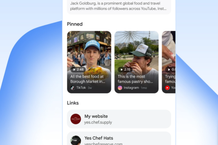 Tampilan Search Profile Google yang menampilkan konten unggulan (pinned content), tautan website, serta unggahan dari berbagai platform media sosial dalam satu halaman profil yang dapat dikustomisasi oleh kreator.
