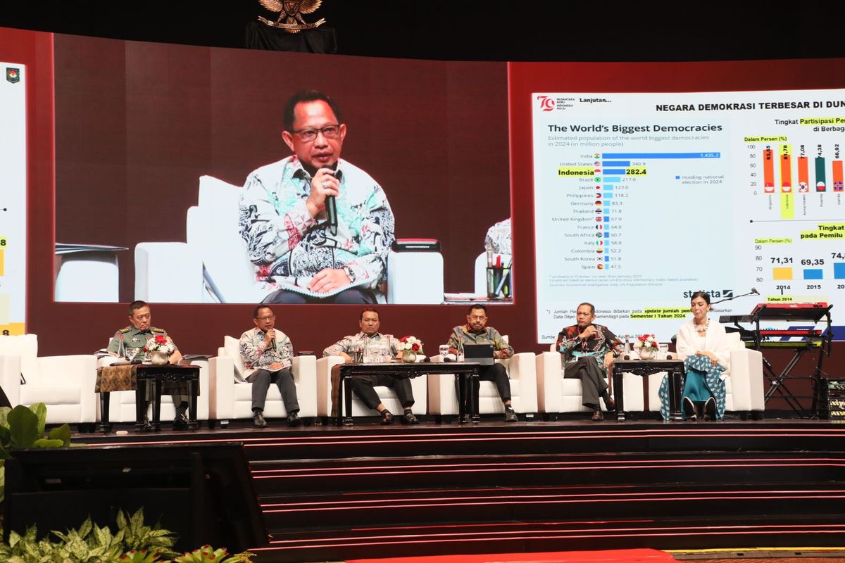Menteri Dalam Negeri (Mendagri) Muhammad Tito Karnavian dalam Rapat Konsolidasi Nasional dalam Rangka Kesiapan Pilkada 2024 di Jakarta Convention Center (JCC), Selasa (20/8/2024).
