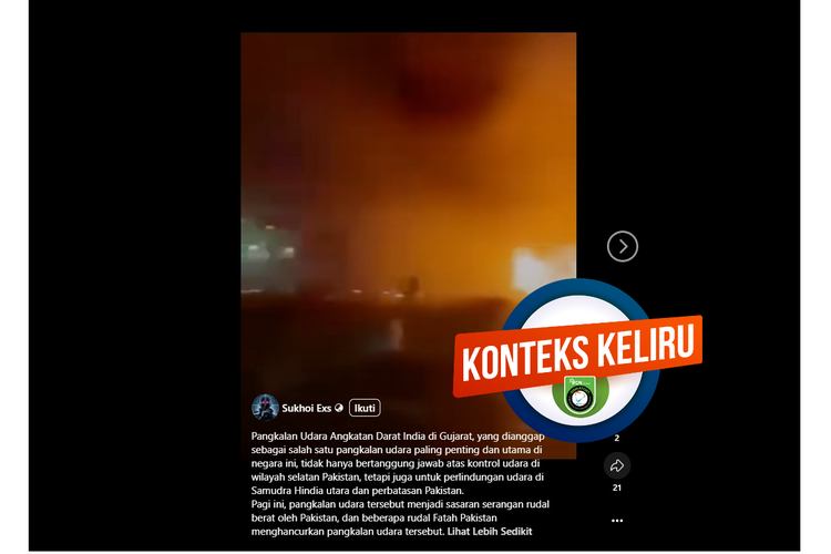 Tangkapan layar Facebook video yang diklaim menampilkan pangkalan udara militer India terbakar karena serangan rudal Pakistan