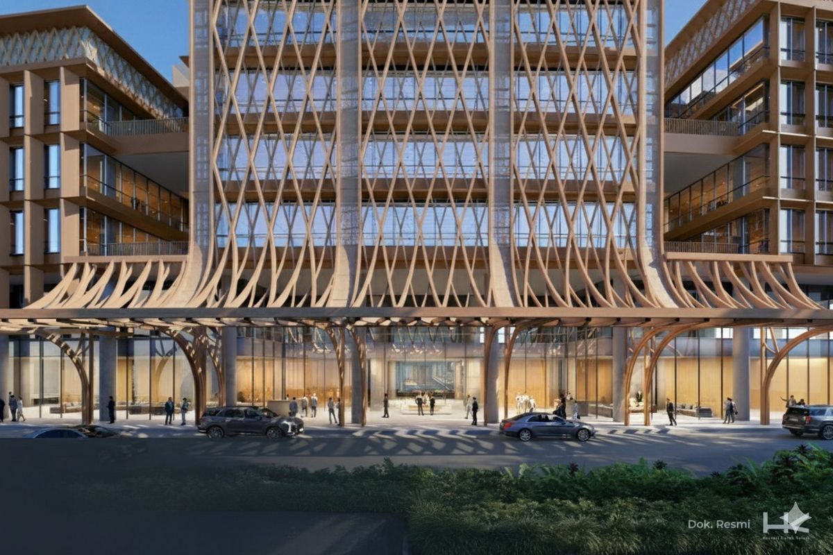 Karakter lokal diperkuat dengan penggunaan material laminated wood, batu alam, dan rotan sintetis.
