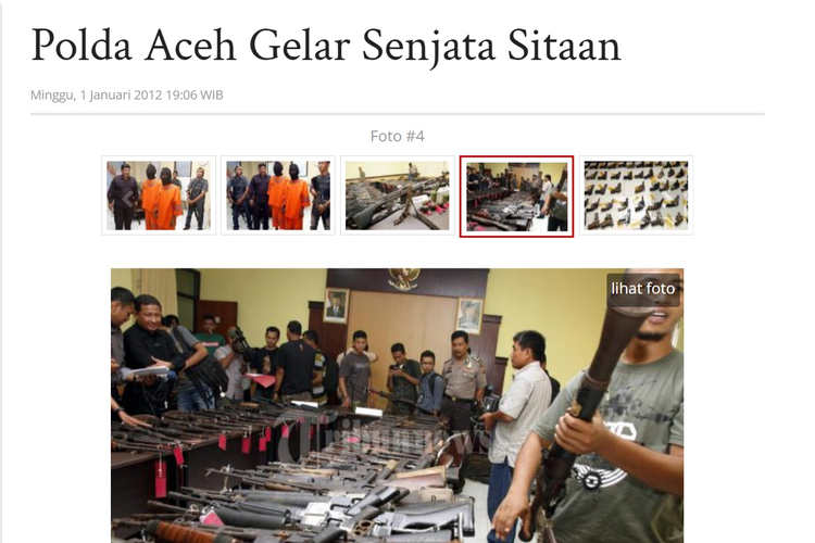 Tangkapan layar foto Tribunnews, Polda Aceh gelar senjata sitaan. Foto diambil pada 2011.
