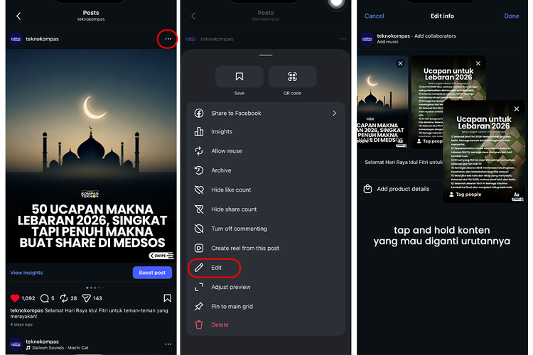 Cara mengedit atau mengganti urutan konten carousel Instagram. Fitur ini sudah tersedia di Indonesia, baik versi Android maupun iOS