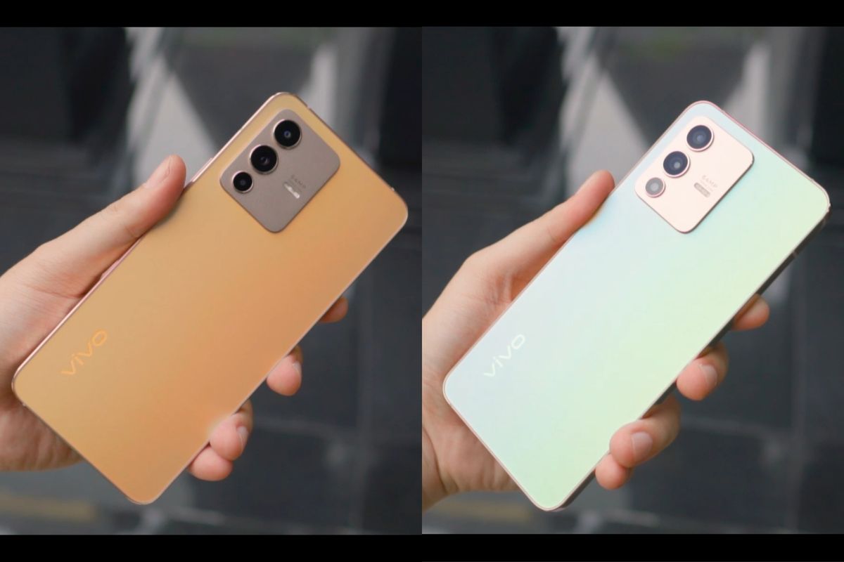 Vivo V23 5G memiliki punggung berbahan Fluorite AG Glass yang bisa berubah warna apabila terekspos cahaya matahari atau UV