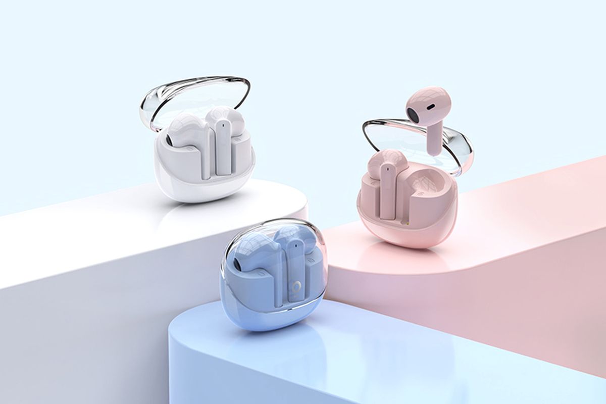 Olike TWS T103 hadir dengan pilihan warna putih, pink, dan biru muda. 