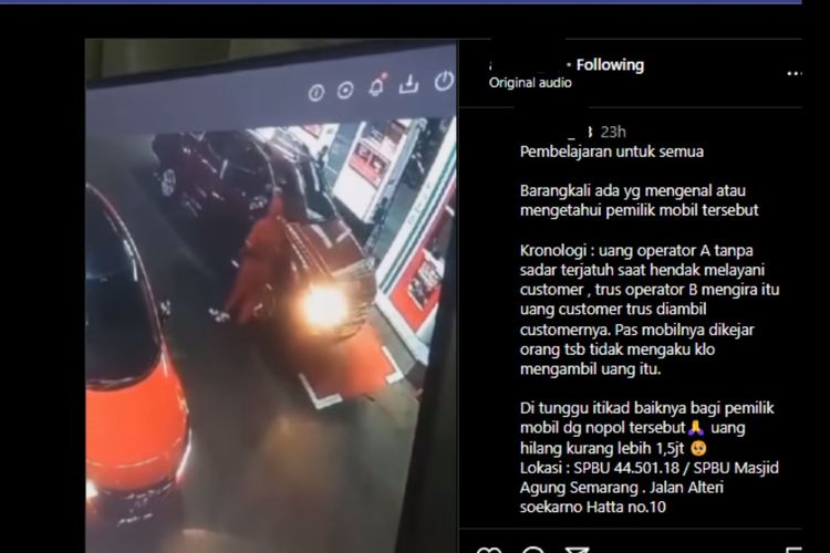 Tangkapan layar video seorang pengenudi Ford diduga mengambil uang operator SPBU sebesar Rp 1,5 juta di Semarang, Jawa Tengah.