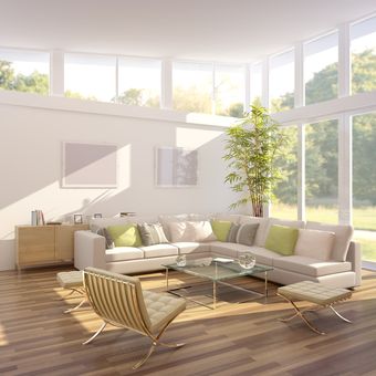 Ilustrasi ruang keluarga dengan banyak pencahayaan alami, Ilustrasi lantai bambu di ruang keluarga.