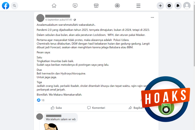 Tangkapan layar unggahan dengan narasi hoaks di sebuah akun Facebook, Rabu (6/9/2023), soal rumor akan ada lockdown pada September 2023.
