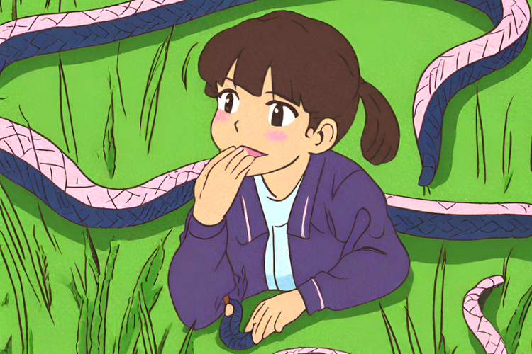 Ilustrasi seorang anak perempuan dengan ular sawah