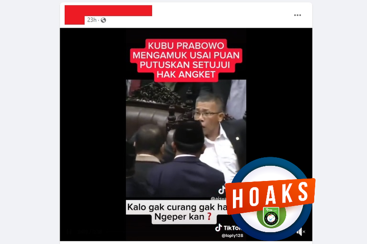 Tangkapan layar Facebook, video yang menyebut kubu Prabowo mengamuk karena Puan menyetujui hak angket