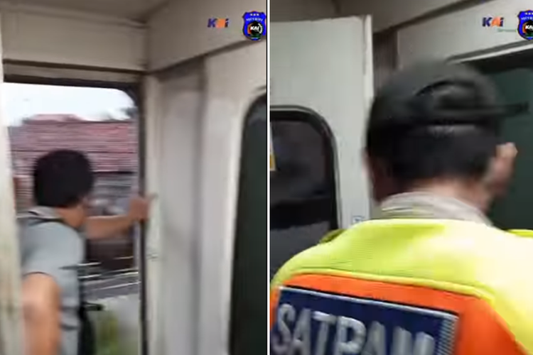 Tangkapan layar video petugas satuan pengamanan (satpam) memergoki penumpang mencari angin dengan membuka pintu saat kereta sedang berjalan.
