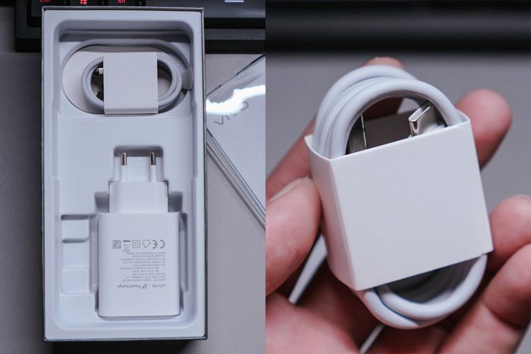 Kompartemen aksesori (kiri) dan kabel USB A ke USB C yang disertakan dalam boks Vivo V29e