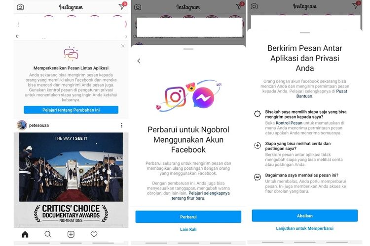 Notifikasi fitur integrasi Facebook, Instagram, dan Messenger di Instagram.