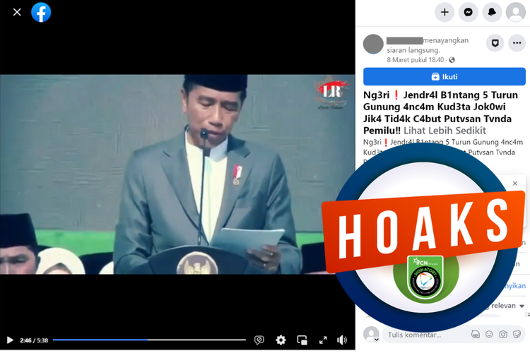 Tangkapan layar unggahan dengan narasi hoaks di sebuah akun Facebook, Rabu (8/3/2023), soal jenderal bintang 5 yang mengancam akan mengkudeta Jokowi jika pemilu ditunda.