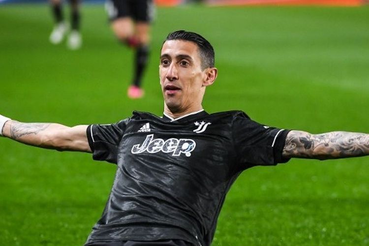 Winger Juventus, Angel Di Maria, saat berselebrasi seusai mencetak gol ke gawang Nantes dalam leg kedua playoff fase knockout Liga Europa 2022-2023 di Stade de la Beaujoire pada 24 Februari 2023. (Foto oleh Matthieu Mirville / Matthieu Mirville / DPPI via AFP)