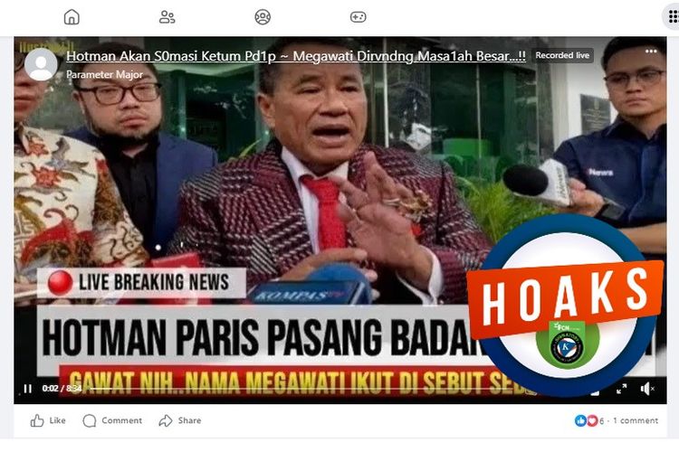 Tangkapan layar Facebook narasi yang menyebut Hotman Paris melayangkan somasi kepada Megawati