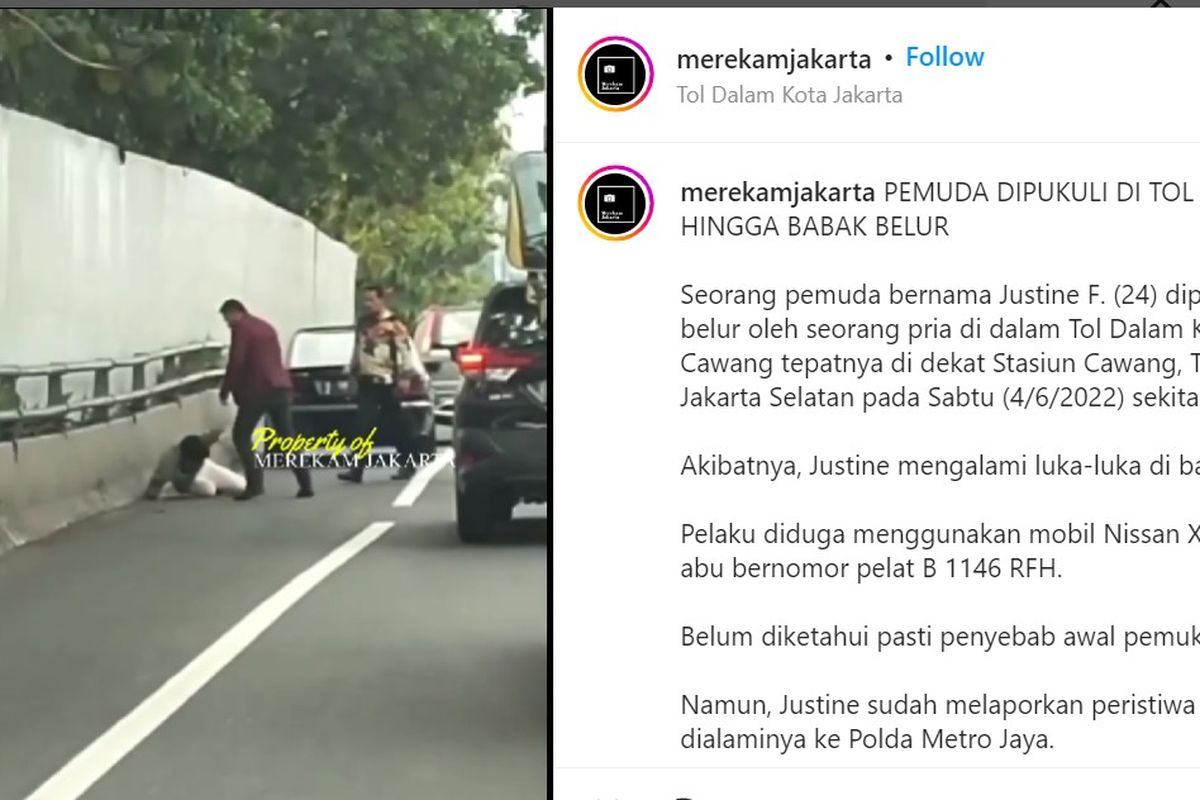 Putra politisi PDI-P Indah Kurnia dipukuli di Tol Dalam Kota, Sabtu (4/6/2022). Videonya viral di media sosial. 