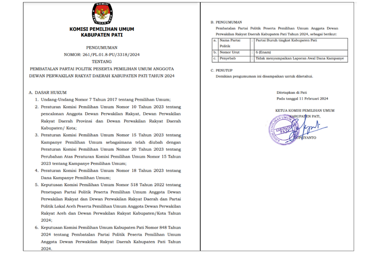 Tangkapan layar pemberitahuan KPU Kabupaten Pati soal Partai Buruh yang dianulir di pemilihan tingkatan DPRD kabupaten.