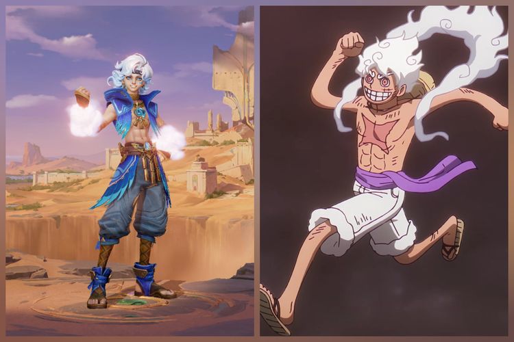 Tampilan Sora (kiri) dan Luffy mode Gear 5 (kanan).
