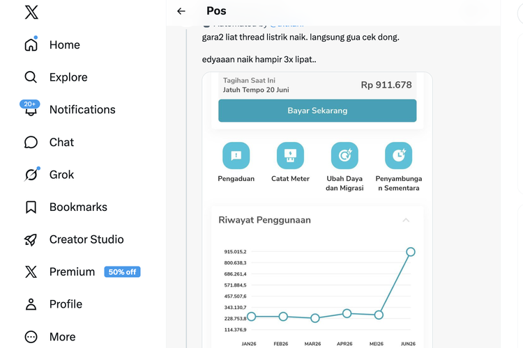 Warganet Keluhkan Tagihan Listrik Melonjak hingga 3 Kali Lipat pada Mei–Juni 2026, PLN Buka Suara
